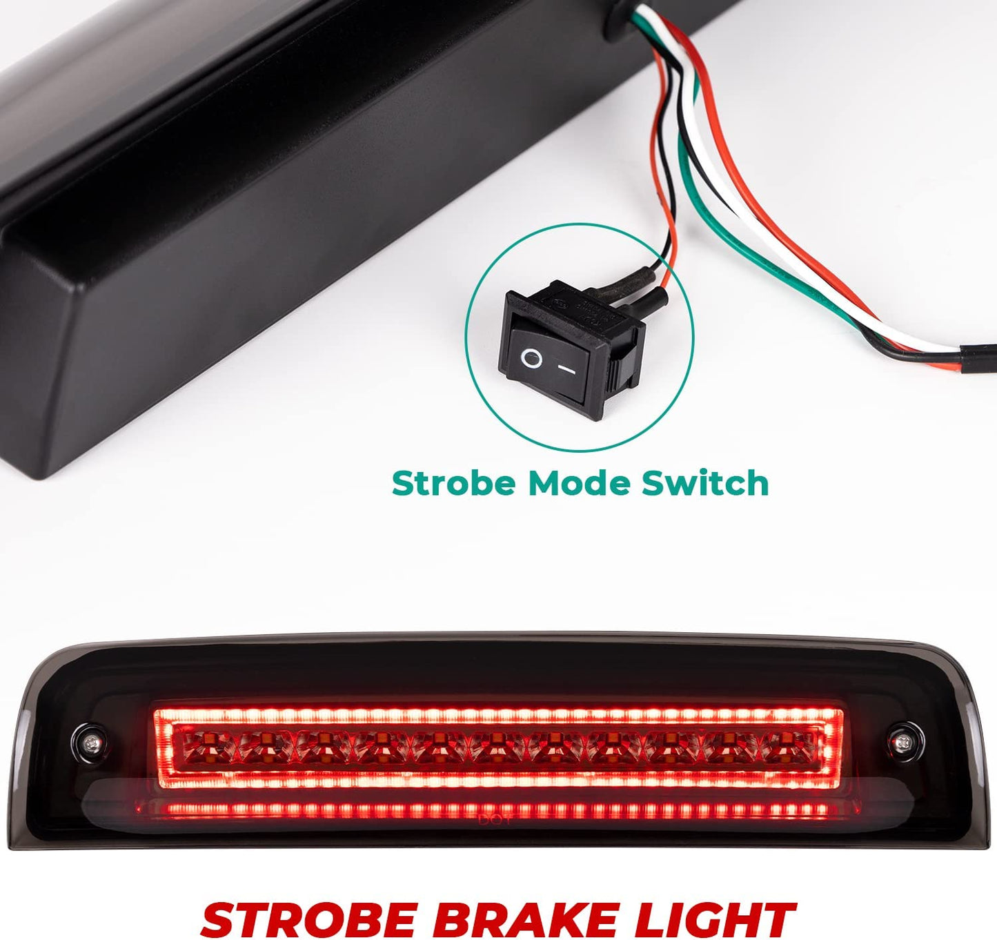 Upgraded Led Third Brake Light with Strobe Mode Switch for 2009-2018 Dodge Ram 1500 2500 3500 Pickup High Mount Brake Cargo Light with Smoke Lens Black Housing