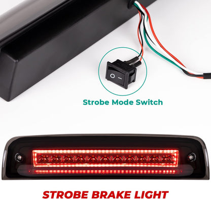 Upgraded Led Third Brake Light with Strobe Mode Switch for 2009-2018 Dodge Ram 1500 2500 3500 Pickup High Mount Brake Cargo Light with Smoke Lens Black Housing - OMOTOR