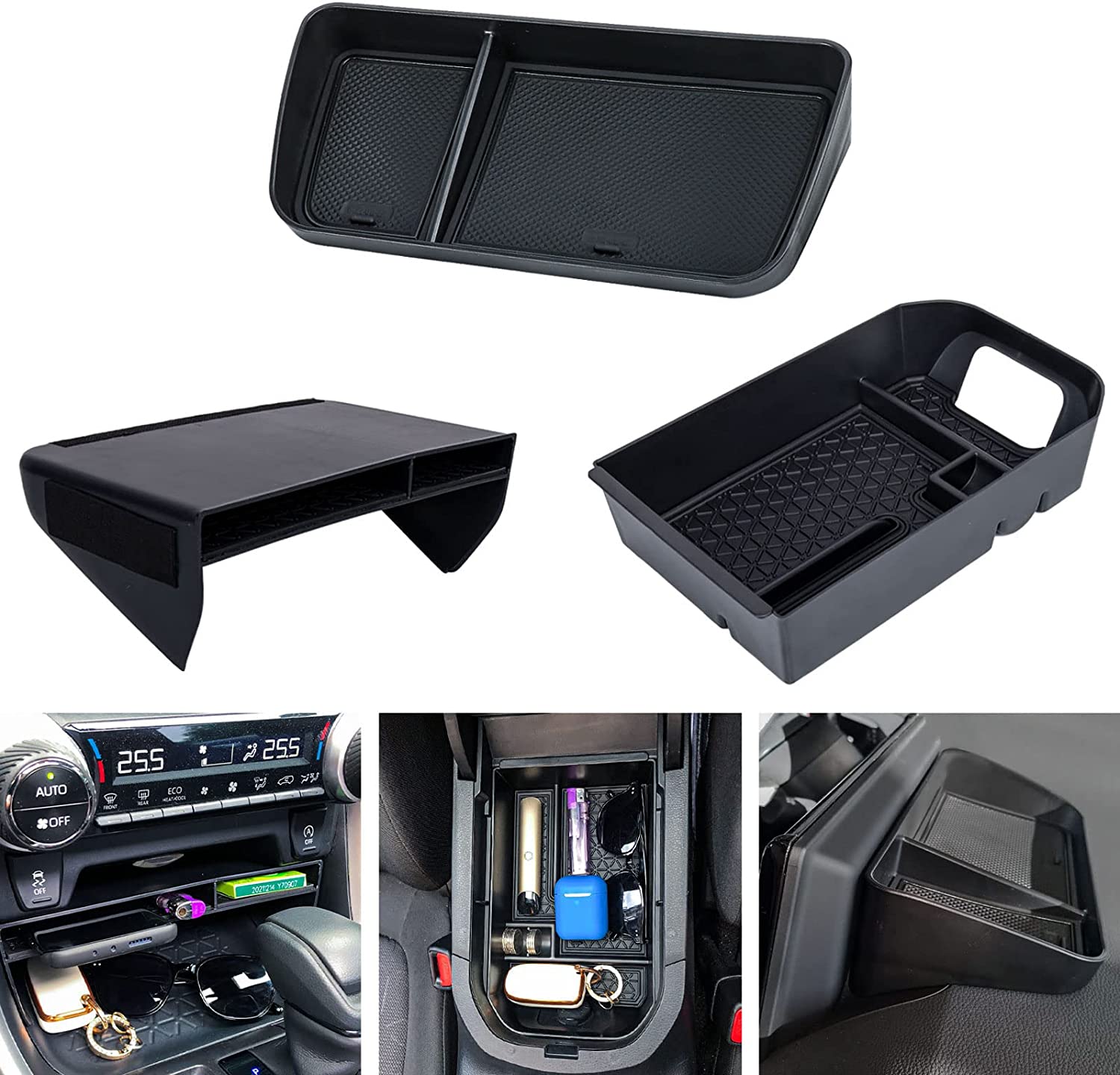 3PCS Center Console Organizer Tray and Armrest Storage Box Compatible with Toyota RAV4 2019-2022 Dash Storage Tray Interior Accessories
