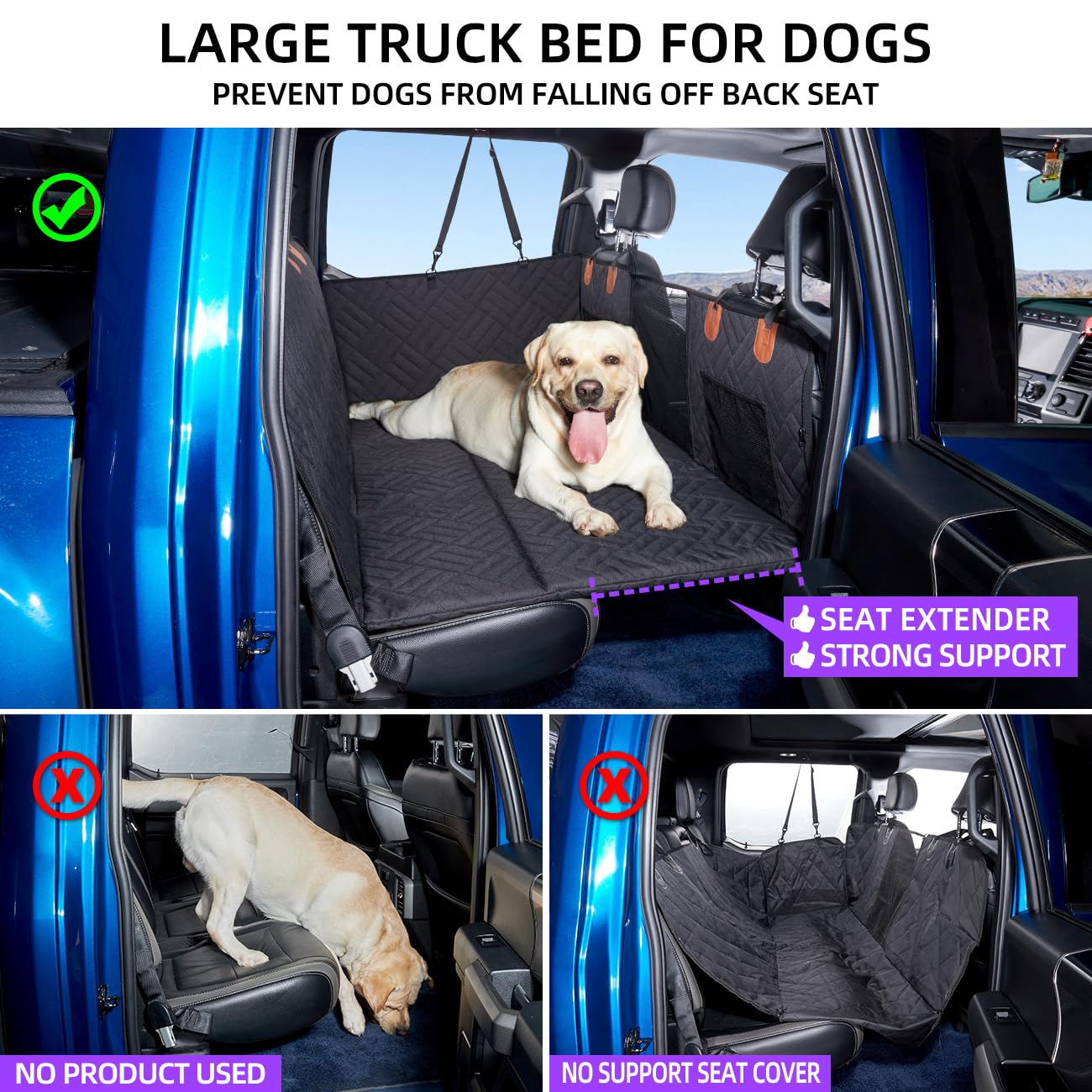 Dog Seat Cover and Bed for Trucks - Back Seat Extender and Hammock for F150, RAM1500, Silverado - Non-Inflatable Pet Mattress