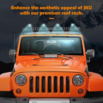 Roof Rack Cargo Basket with 4PCS LED Light Bar Compatible for 2007-2024 Jeep Wrangler JK JL Unlimited & Gladiator JT 2 & 4 Doors Hardtop, JKU JLU Luggage Racks Rooftop Storage Carrier (Black) - OMOTOR