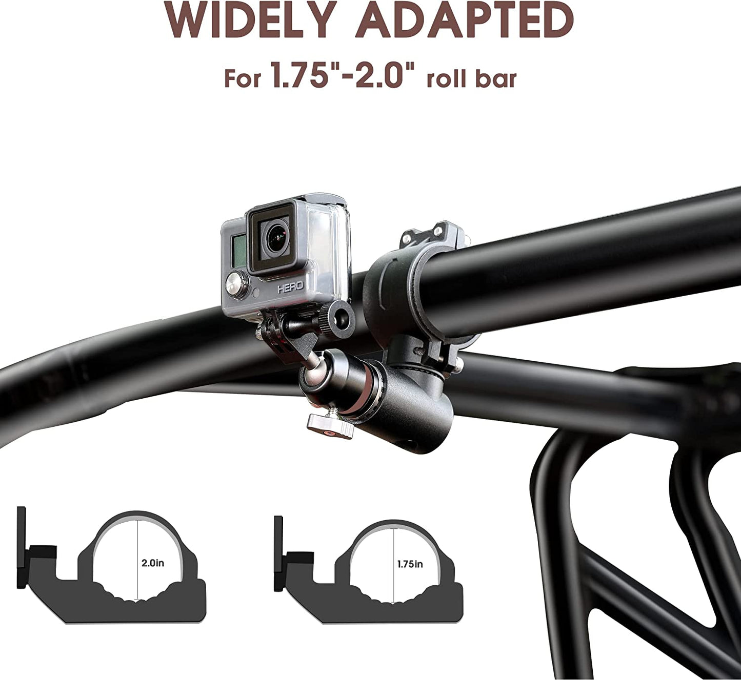 Gopro Mount with 360° Adjustable Spherical Head and Locking Knob, Compatible with UTV ATV Polaris Ranger 1.75-2 inch Roll Bar