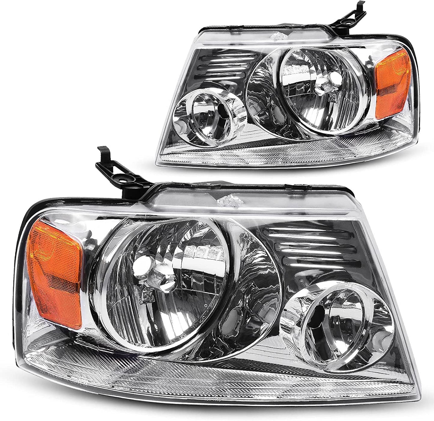 Headlight Assembly Compatible with 2004 2005 2006 2007 2008 Ford F150 Pickup Passenger and Driver Side Chrome Housing Amber Reflector