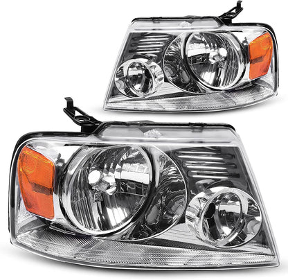 Headlight Assembly Compatible with 2004 2005 2006 2007 2008 Ford F150 Pickup Passenger and Driver Side Chrome Housing Amber Reflector - OMOTOR