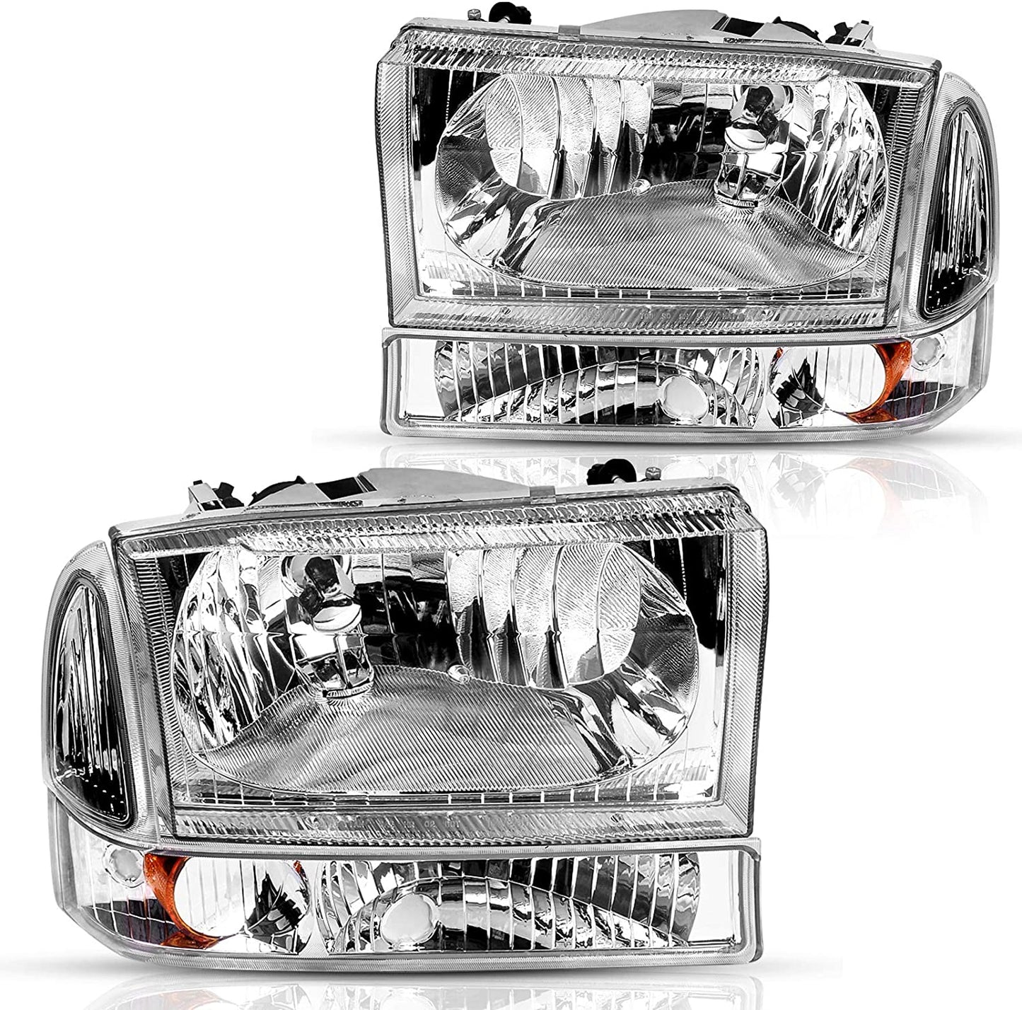 Headlight Assembly Compatible with 1999-2004 Ford F-250 F-350 F-450 F-550 Super Duty Pickup Truck + Signal Lamps Chrome Housing Clear Lens Amber Reflector