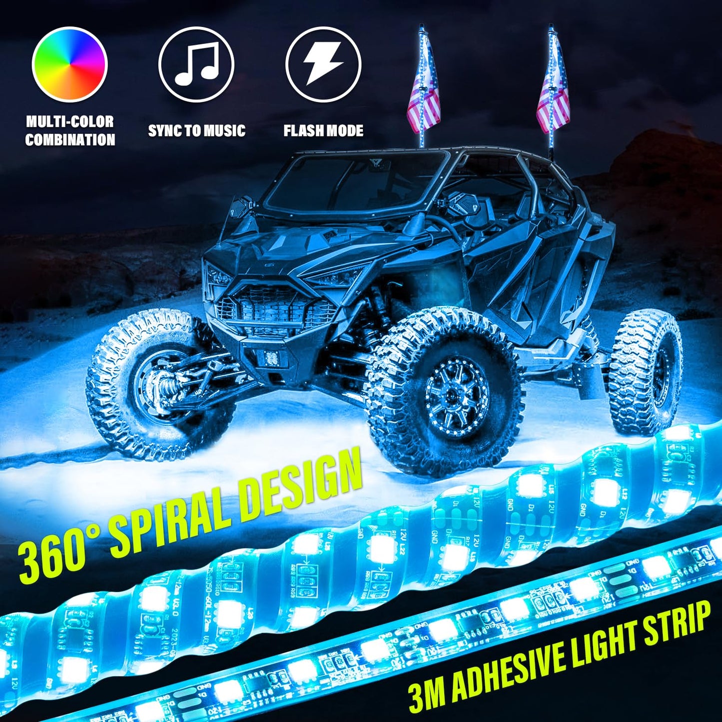 2PCS 4FT Whip Lights and 12Pcs Underglow Kit,300 Colors 178 Modes,Remote/APP Control,LED Whip Lights Neon Accent Strip Lights with Dancing/Chasing for Off-Road UTV ATV Polaris RZR Truck