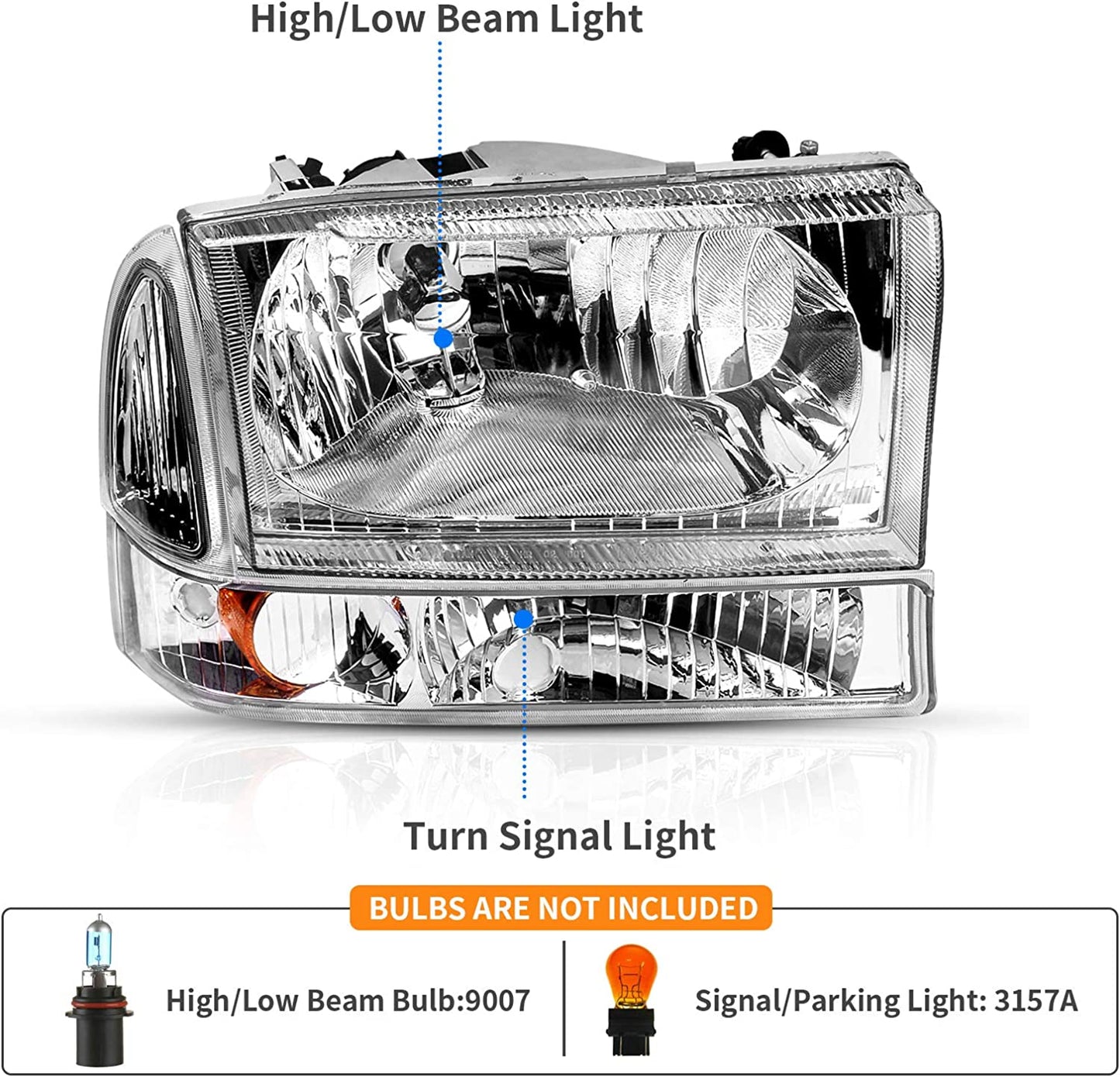 Headlight Assembly Compatible with 1999-2004 Ford F-250 F-350 F-450 F-550 Super Duty Pickup Truck + Signal Lamps Chrome Housing Clear Lens Amber Reflector