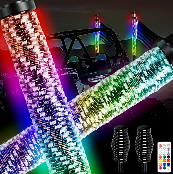New Upgraded 2FT RGB Whip Lights with Anti-Fracture Spring Base, Spiral Led Whip Light with App and Remote Control for Jeep UTV ATV Off-Road RZR Polaris Truck Car 4X4 Sand Buggy Dune (2 Pack) - OMOTOR