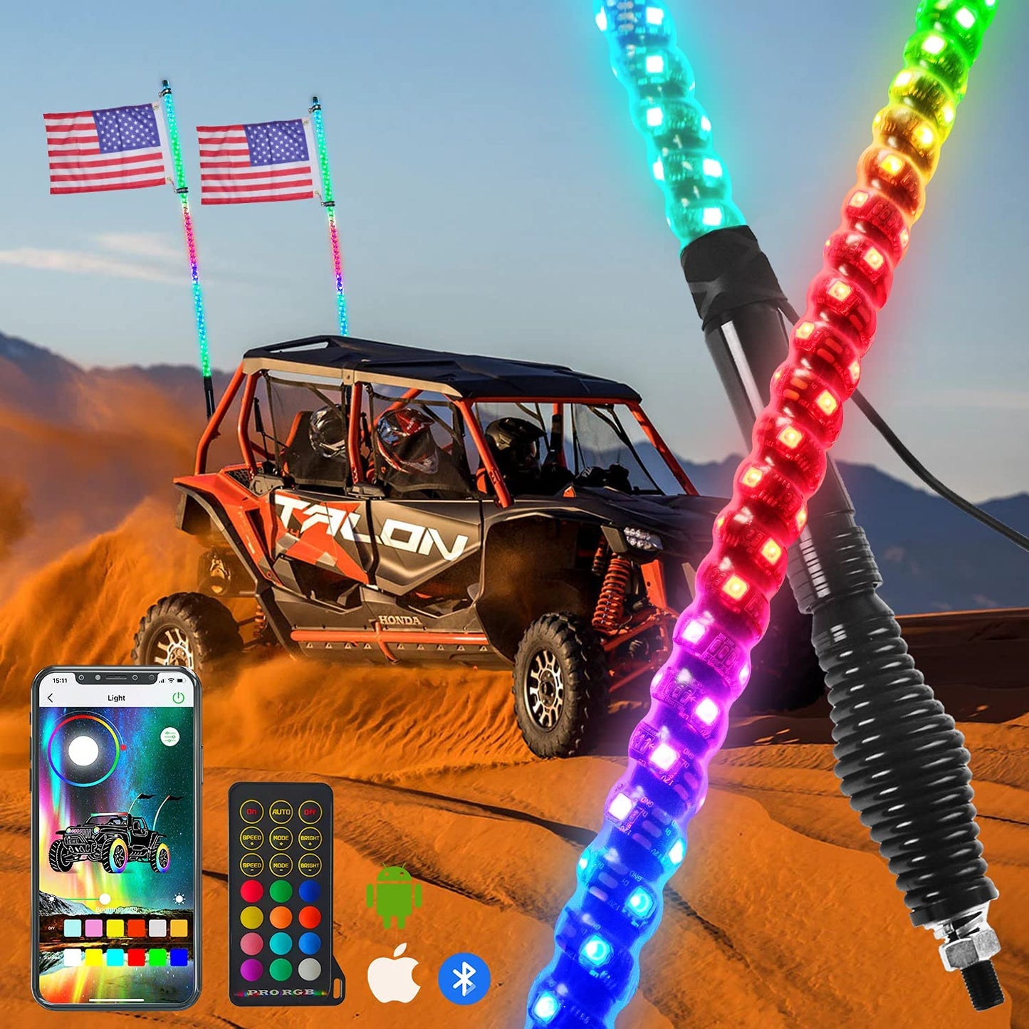 【SPRING BASE INCLUDE】LED Spiral Chasing RGB Whip Light with Bluetooth and Remote Control - OMOTOR