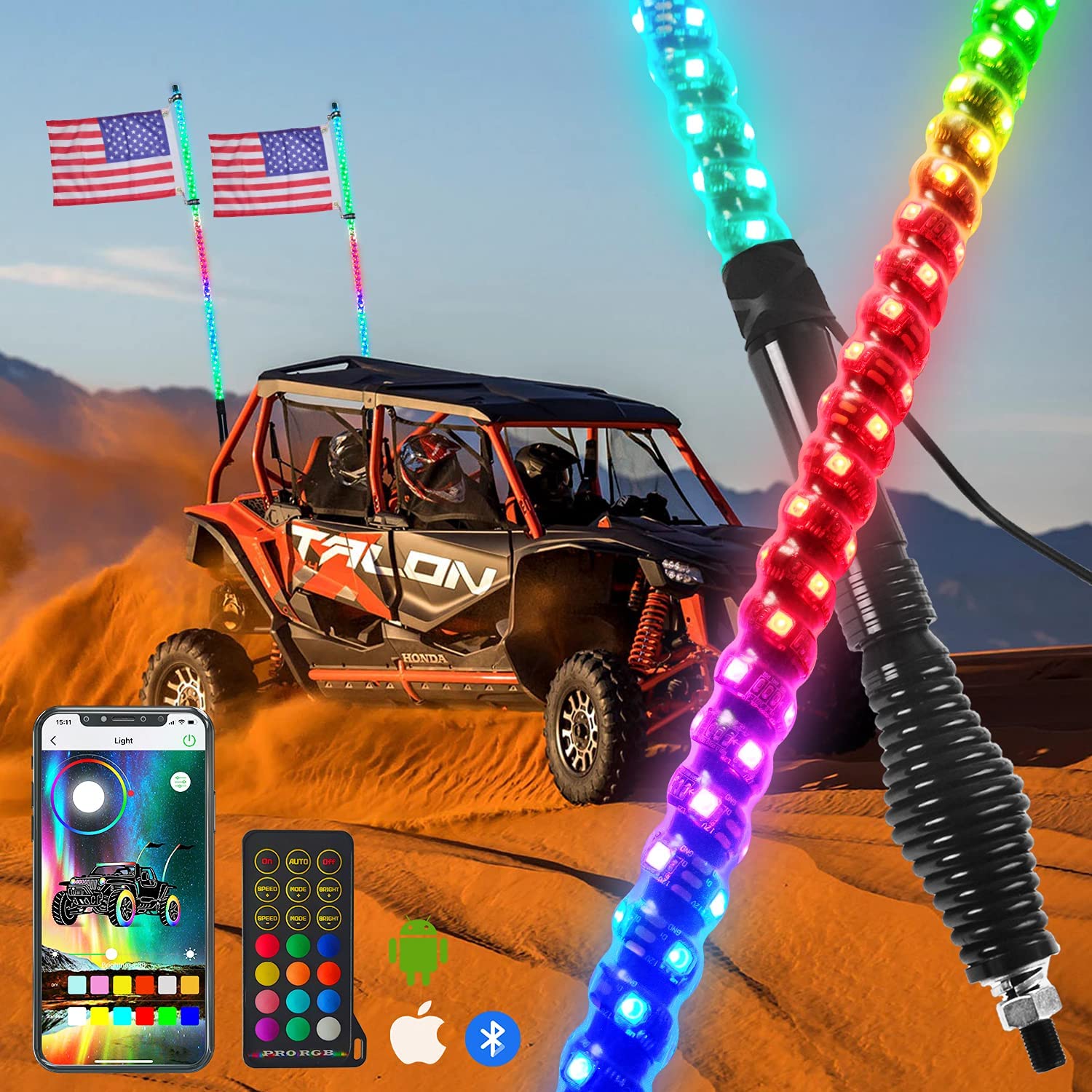 【SPRING BASE INCLUDE】LED Spiral Chasing RGB Whip Light with Bluetooth and Remote Control - OMOTOR