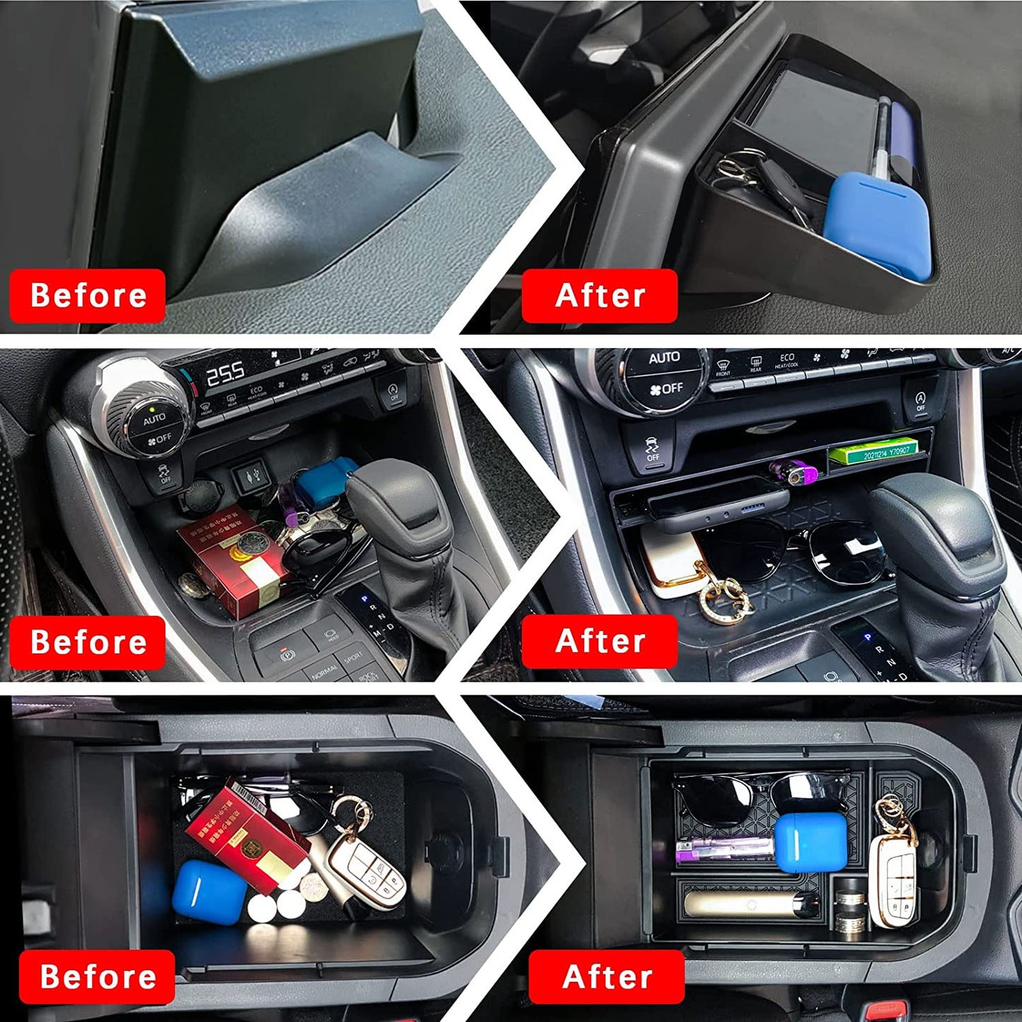 3PCS Center Console Organizer Tray and Armrest Storage Box Compatible with Toyota RAV4 2019-2022 Dash Storage Tray Interior Accessories