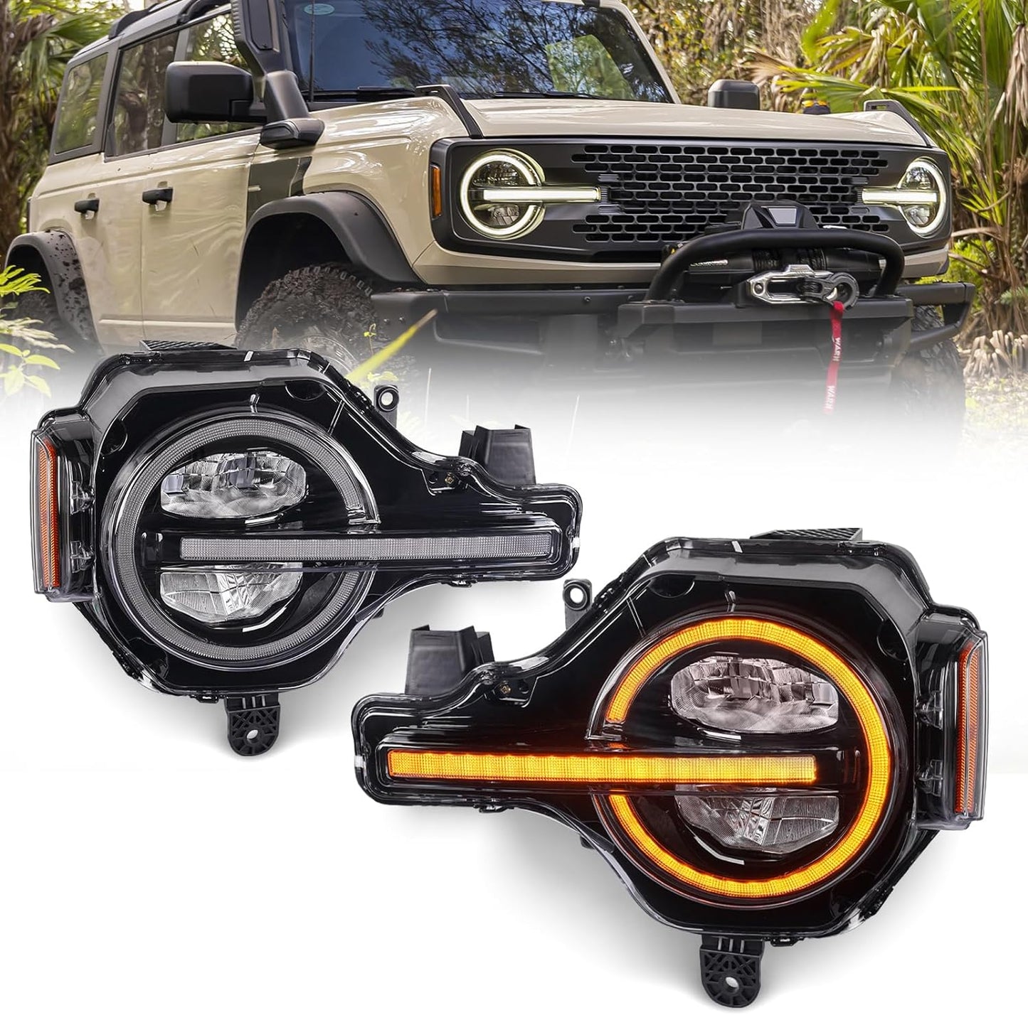 LED Headlights Assembly for Ford Bronco 2021-2024 , Raptor Style Headlamp Assemblies with Amber/White DRL, Sequential Turn Signal Front Light for Bronco All Trim 2 or 4 Door/Raptor