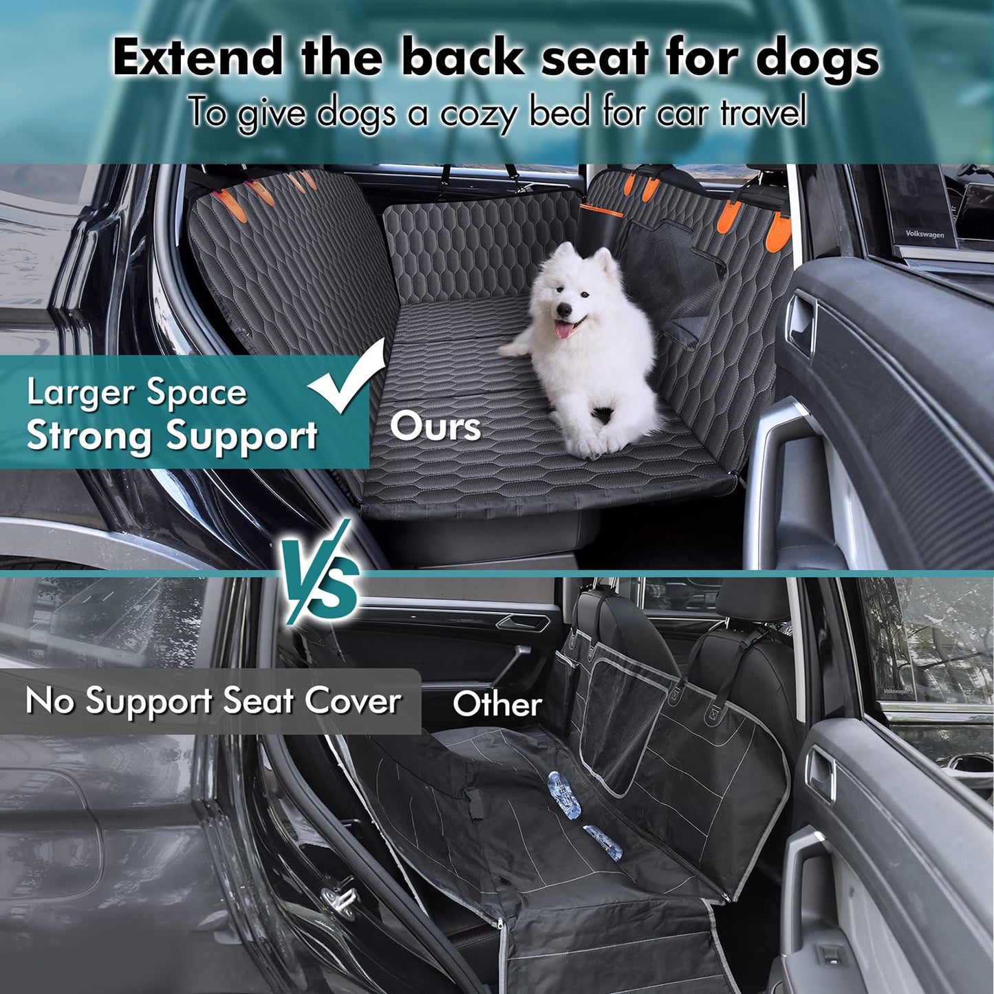 Back Seat Extender for Dogs-Supports 330lb,Waterproof Dog Car Seat Cover Hard Bottom-Detachable,600D Heavy Duty Scratch Proof Nonslip Durable Soft,Dog Hammock for Car,SUVs