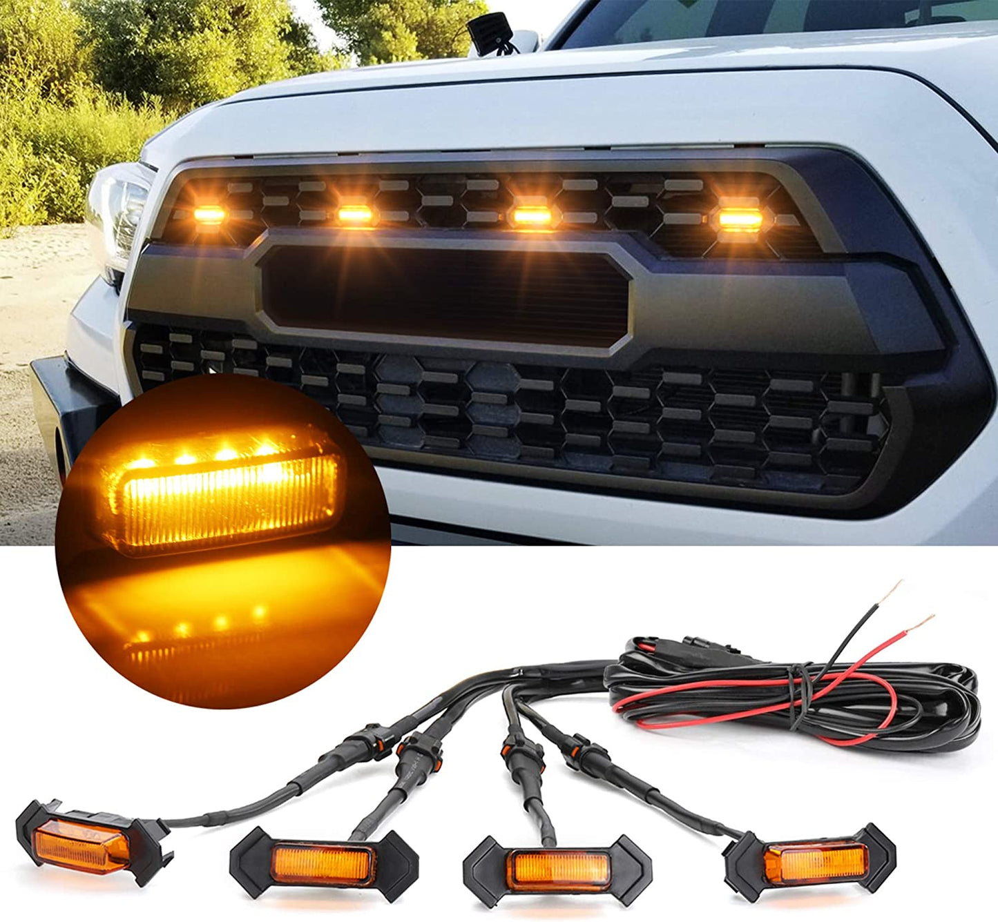 LED Grille Lights for Toyota Tacoma TRD Pro Front Grille 2016 2017 2018 waterproof with Harness & Fuse (5 PCS with 1PCS free accessory light, Amber Shell with Amber Light)