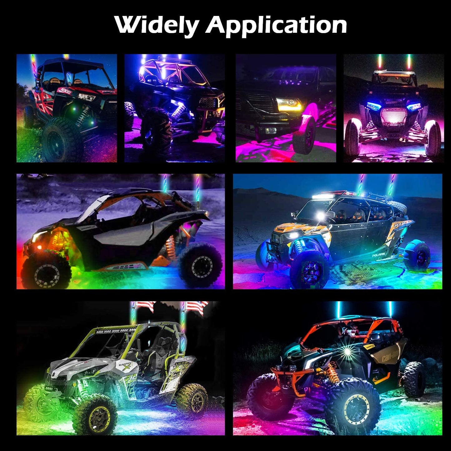 【WHIP AND ROCK LIGHTS KIT】LED RGB Chasing Whip Lights and 8 Pods 3rd-Gen Rock Lights Kit with Bluetooth and Remote Control